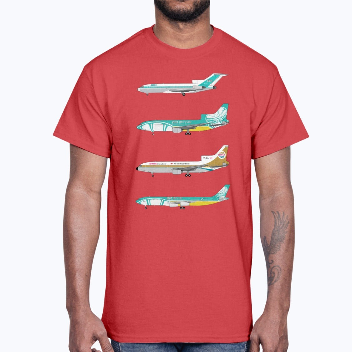 BWIA West Indies Airways B727, L-1011, L-1011, A340 Unisex T-Shirt - Red - Model