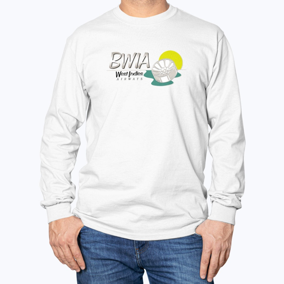 BWIA West Indies Airways Unisex Long Sleeve T-Shirt - White - Model