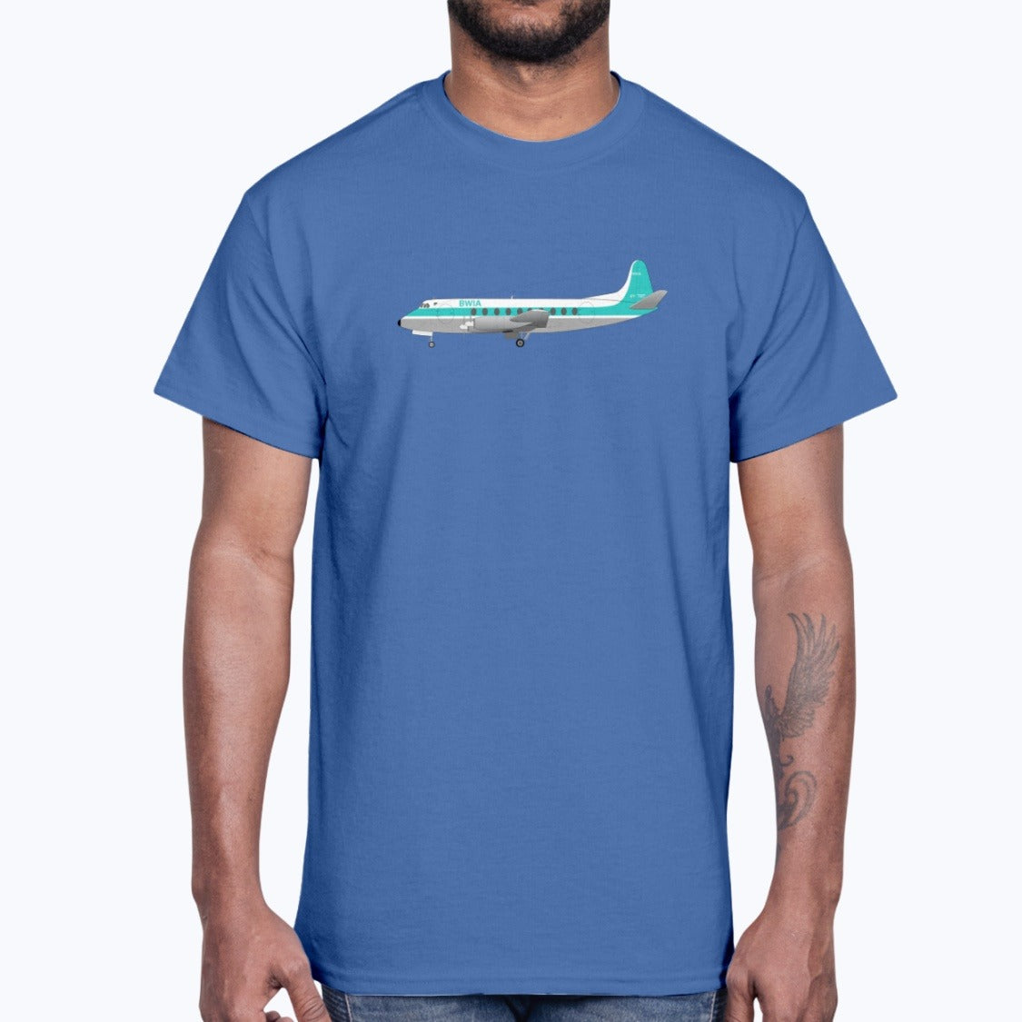 BWIA West Indies Airways Vickers Viscount Unisex T-Shirt - Royal Blue - Model