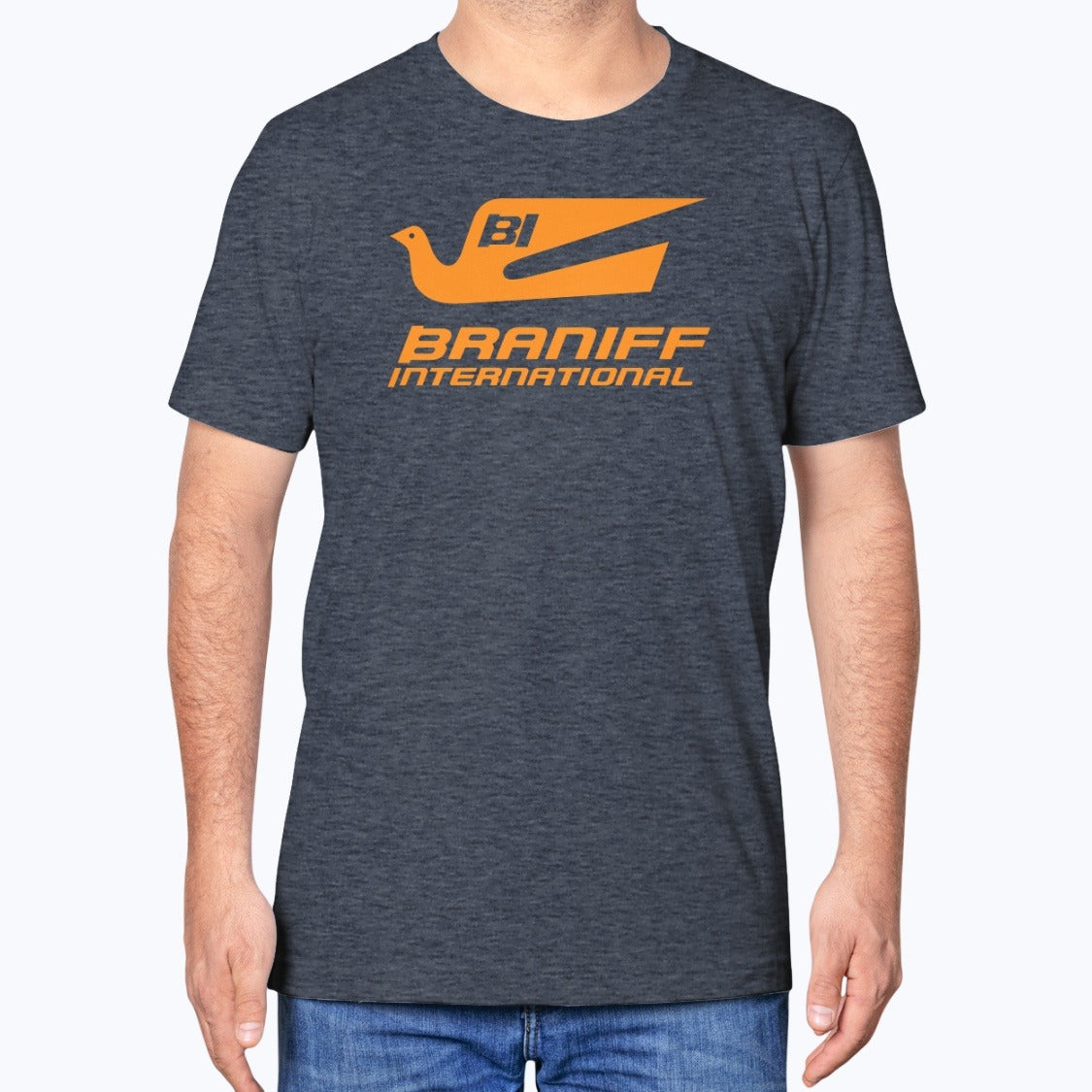 Braniff International Unisex T-Shirt - Heather Navy - Model