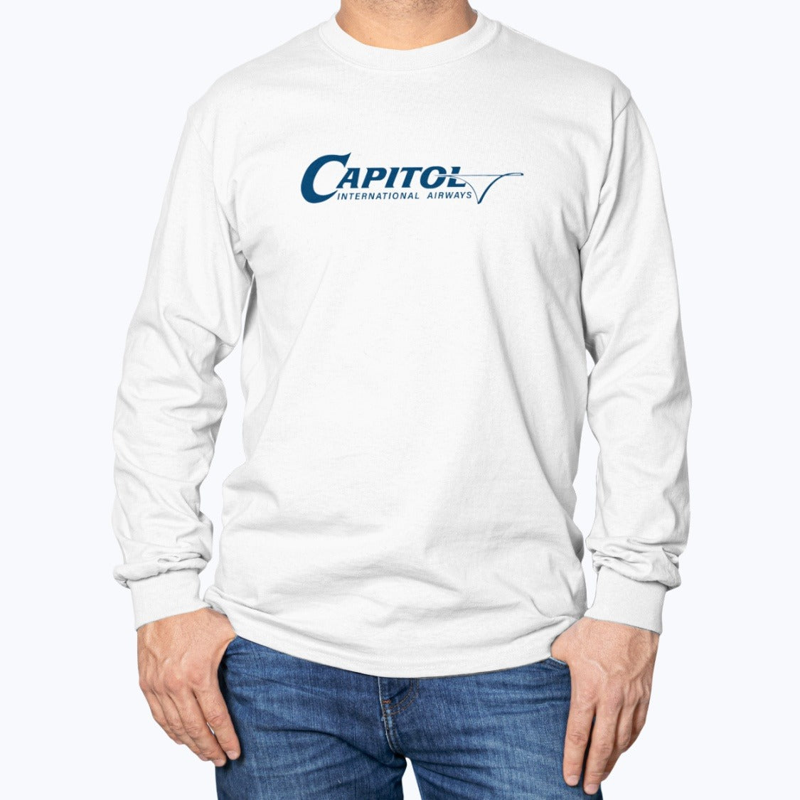 Capitol International Airways Unisex Long Sleeve T-Shirt - White - Model