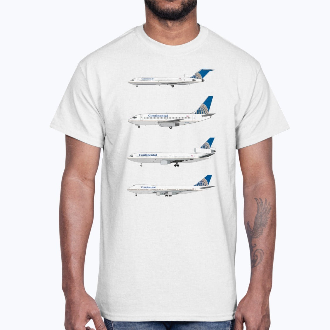 Continental Airlines B727, B737-200, DC-10, B747-200B Unisex T-Shirt - White - Model