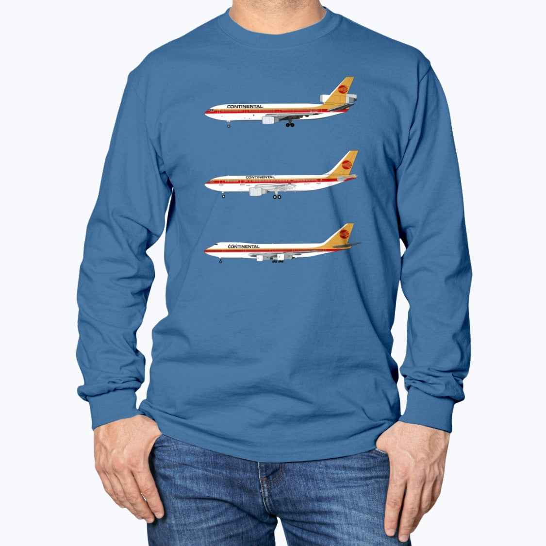 Continental Airlines DC-10, A300, B747-100 Unisex Long Sleeve T-Shirt - Royal Blue - Model