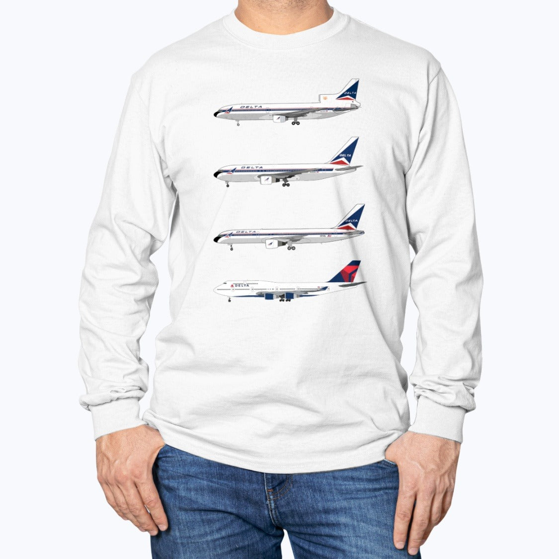 Delta Air Lines L-1011, B767, B757, B747-400 Unisex Long Sleeve T-Shirt - White - Model