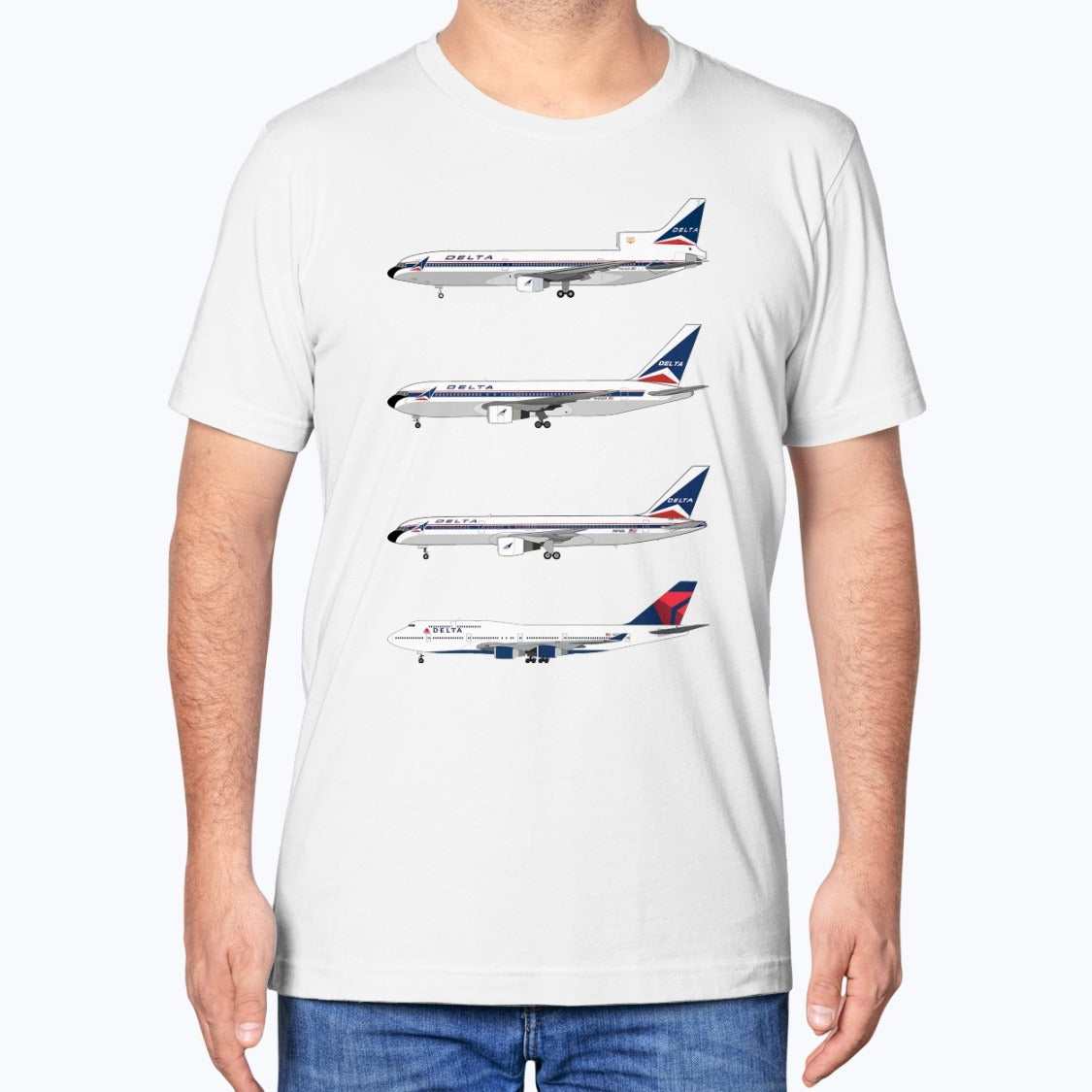 Delta Air Lines L-1011, B767, B757, B747-400 Unisex T-Shirt - White - Model