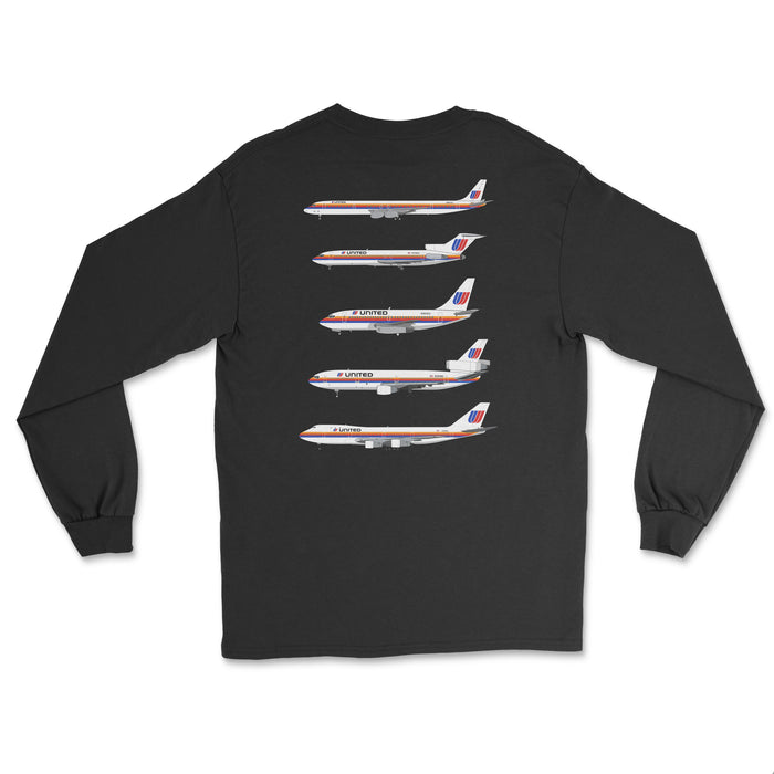 United Airlines DC-8, B727, B737, DC-10, B747 Unisex Long Sleeve T-Shirt Printed On The Back - Black