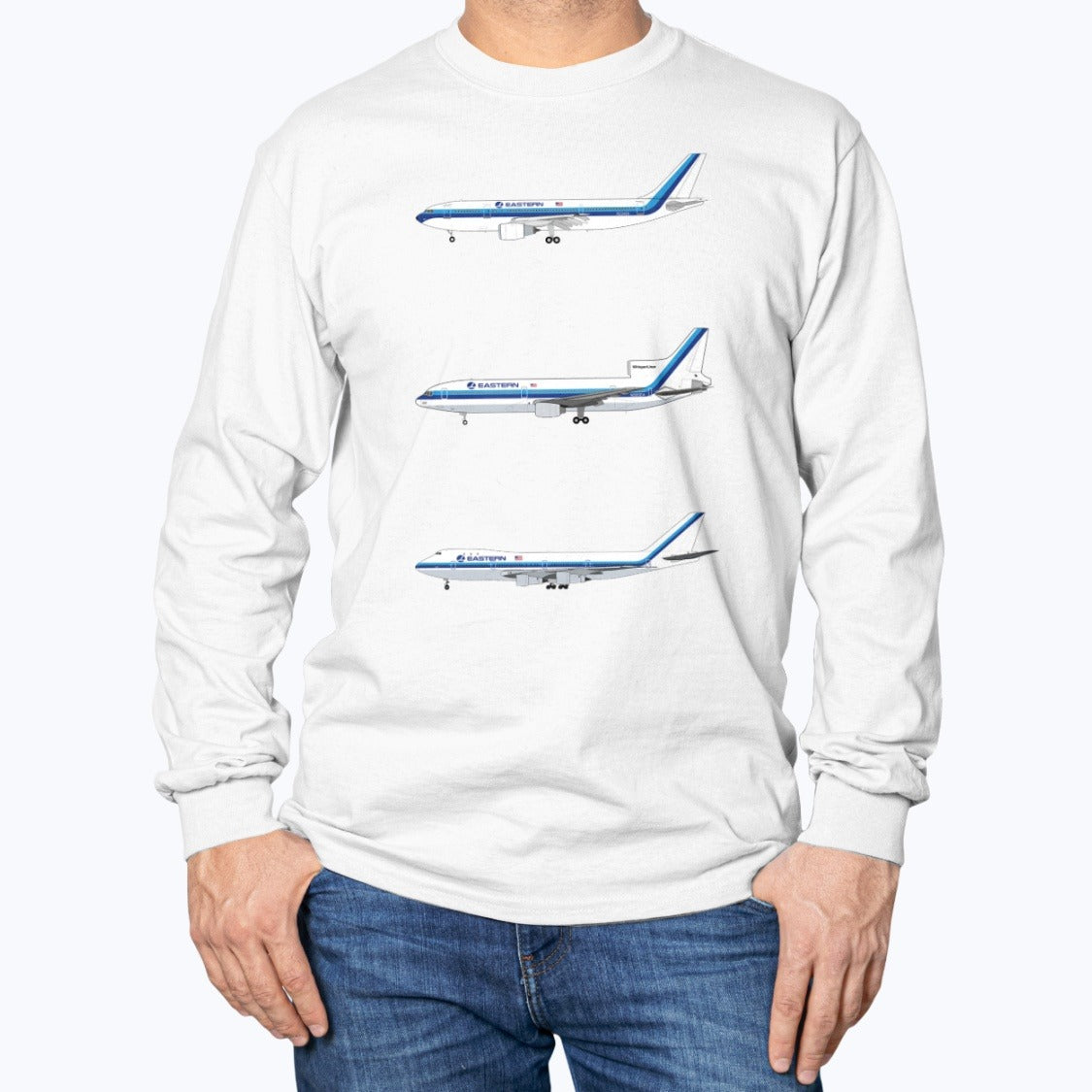 Eastern Air Lines A300, L-1011, B747-100 Unisex Long Sleeve T-Shirt - White - Model