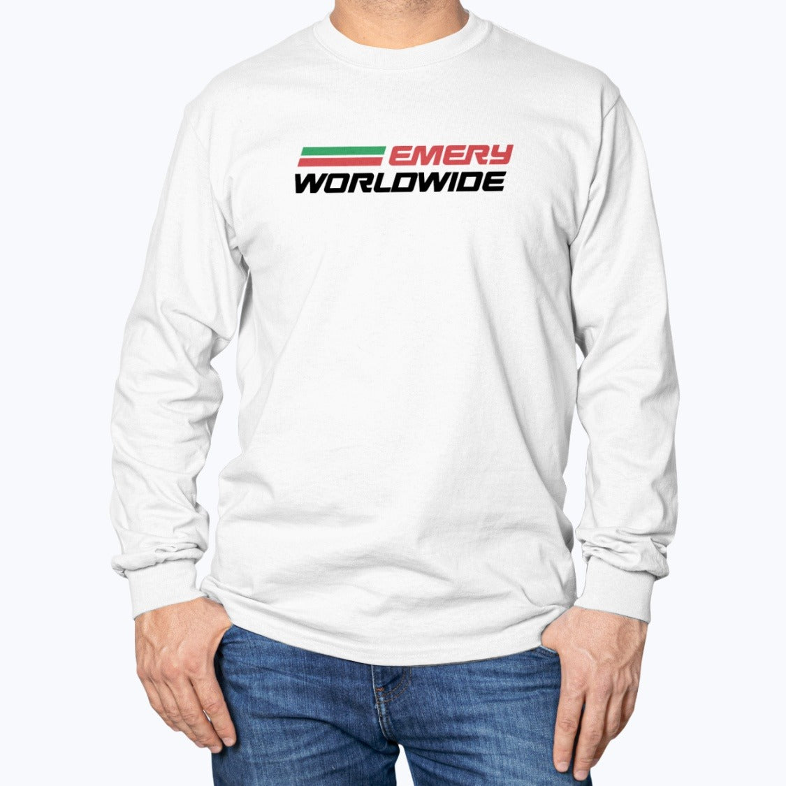 Emery Worldwide Unisex Long Sleeve T-Shirt - White - Model