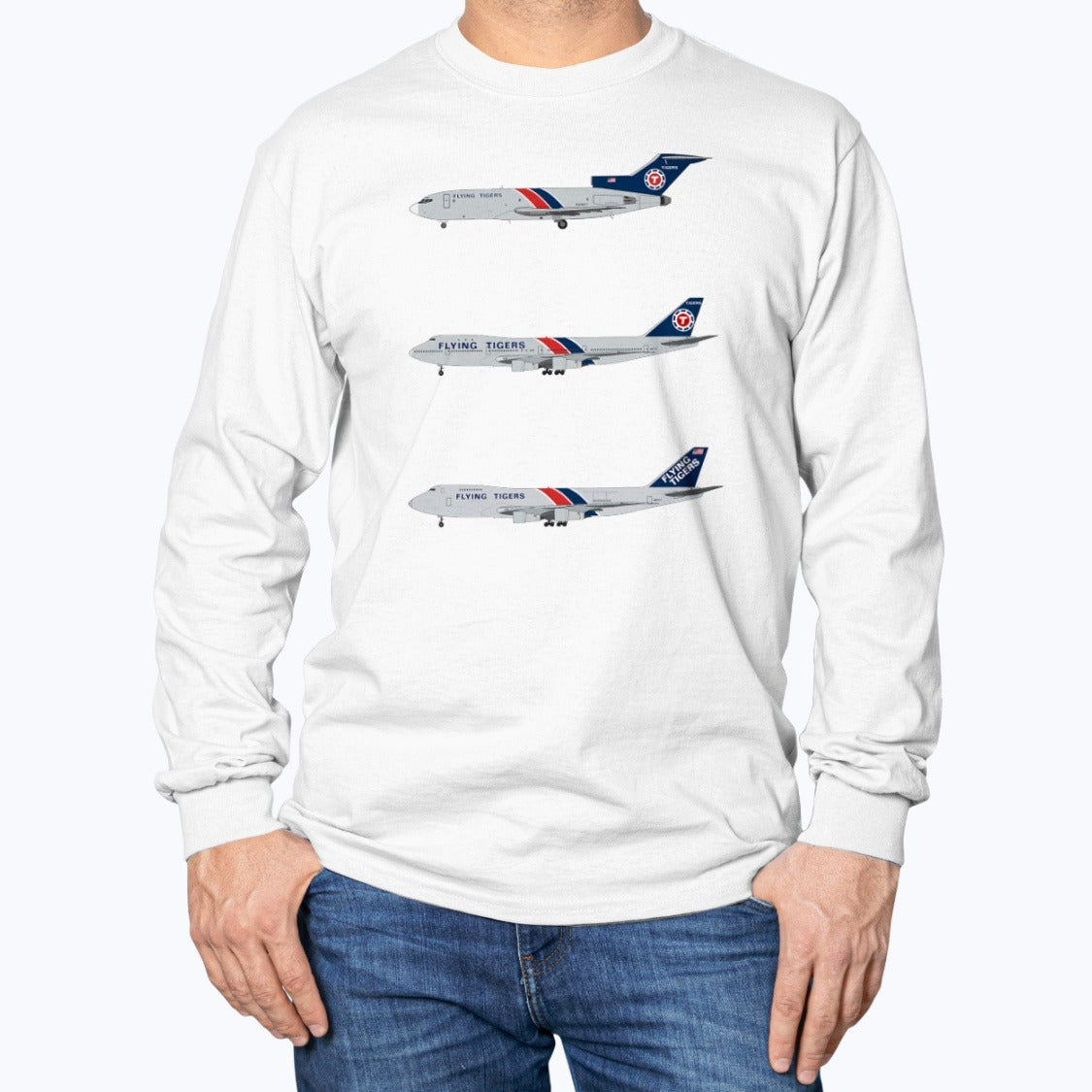Flying Tigers B727, B747-100, B747-200 Unisex Long Sleeve T-Shirt - White - Model