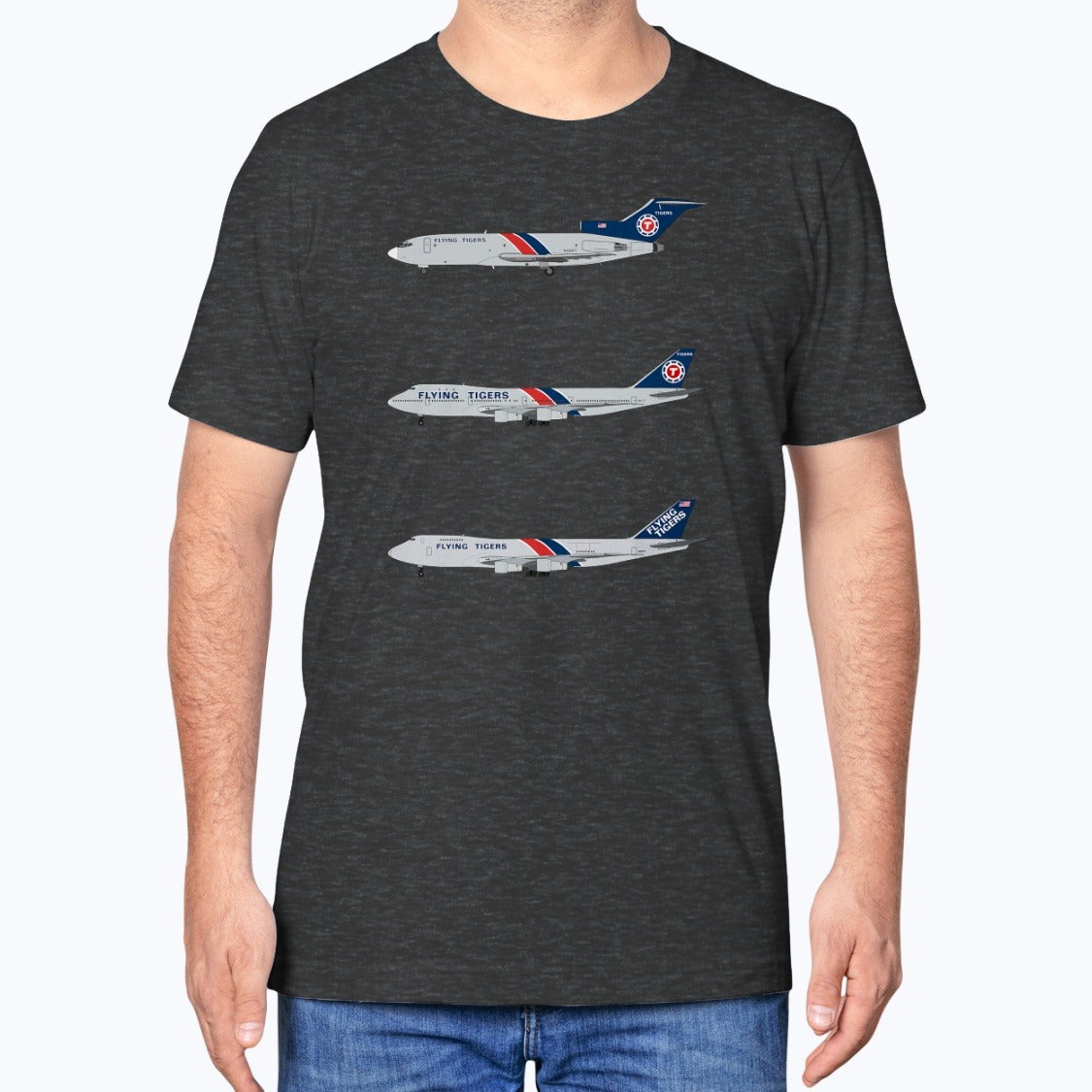 Flying Tigers B727, B747-100, B747-200 Unisex T-Shirt - Dark Grey Heather - Model