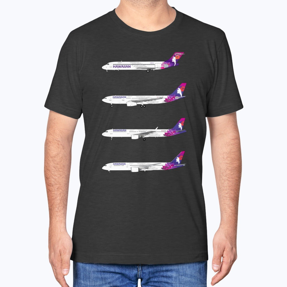 Hawaiian Airlines B717, A330-200, A321, B787-9 Unisex T-Shirt - Black Heather - Model