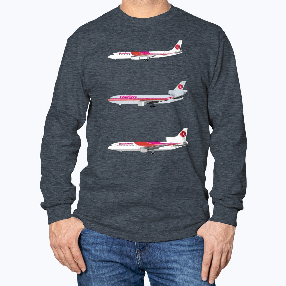 Hawaiian Airlines DC-8-62, DC-10, L-1011 Unisex Long Sleeve T-Shirt - Dark Heather - Model