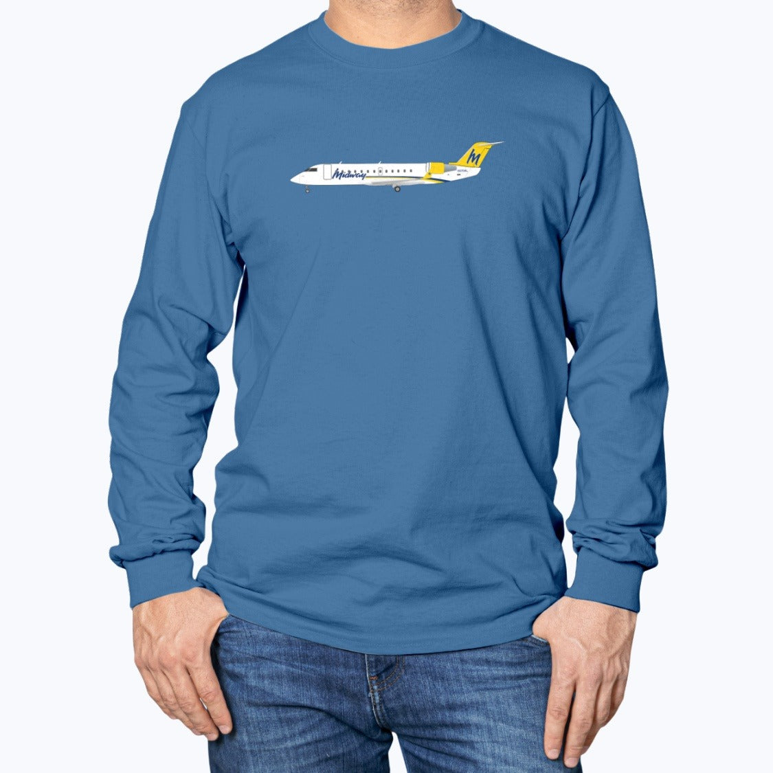Midway Airlines CRJ Unisex Long Sleeve T-Shirt - Royal Blue - Model