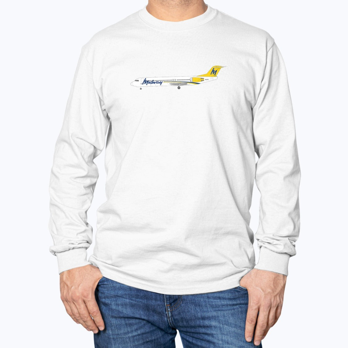 Midway Airlines Fokker 100 Unisex Long Sleeve T-Shirt - White - Model