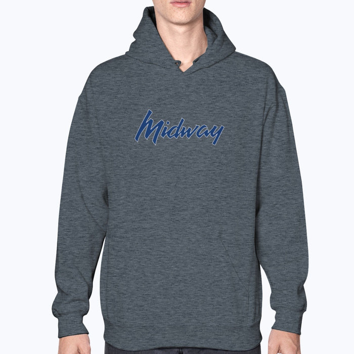 Midway Airlines Unisex Hoodie - Dark Heather - Model