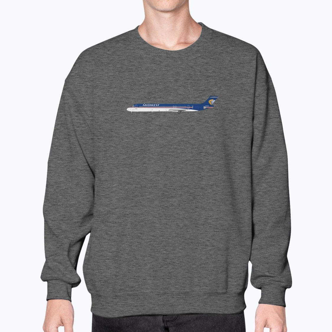 Midwest Airlines MD-88 Unisex Sweatshirt - Dark Heather - Model