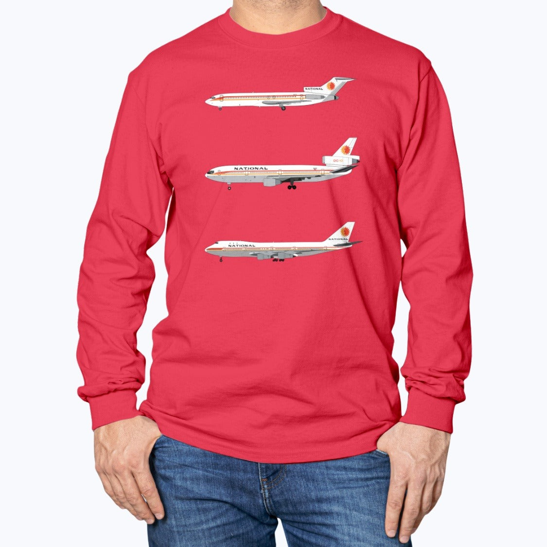 National Airlines B727, DC-10, B747-100 Unisex Long Sleeve T-Shirt - Red - Model