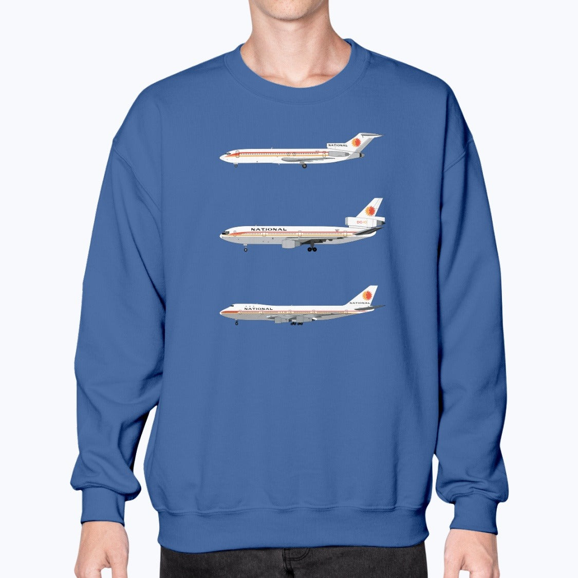 National Airlines B727, DC-10, B747-100 Unisex Sweatshirt - Royal Blue - Model