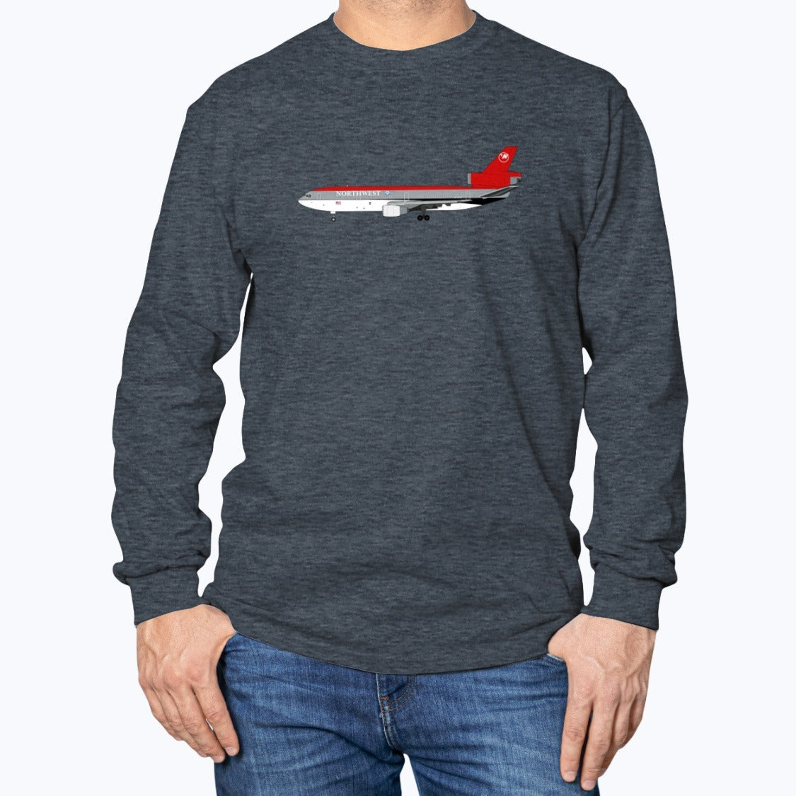 Northwest Airlines DC-10 Unisex Long Sleeve T-Shirt - Dark Heather - Model