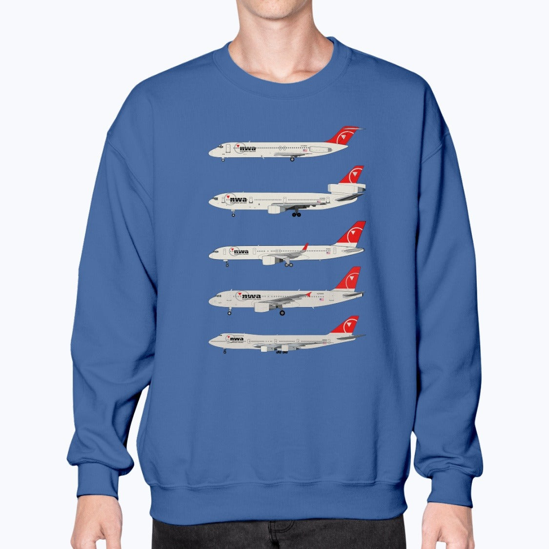 Northwest Airlines DC-9, DC-10, B757, A320, B747 Unisex Sweatshirt - Royal Blue - Model