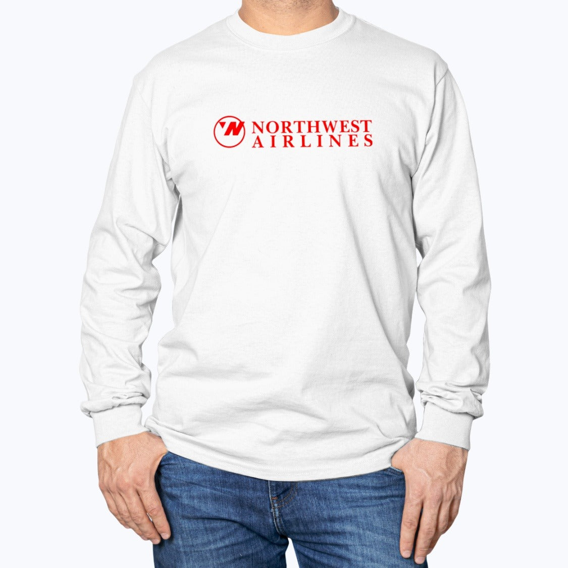 Northwest Airlines Unisex Long Sleeve T-Shirt - White - Model