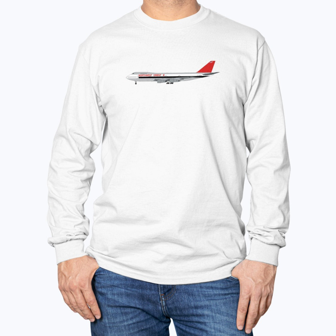Northwest Orient Airlines B747-200 Unisex Long Sleeve T-Shirt - White - Model