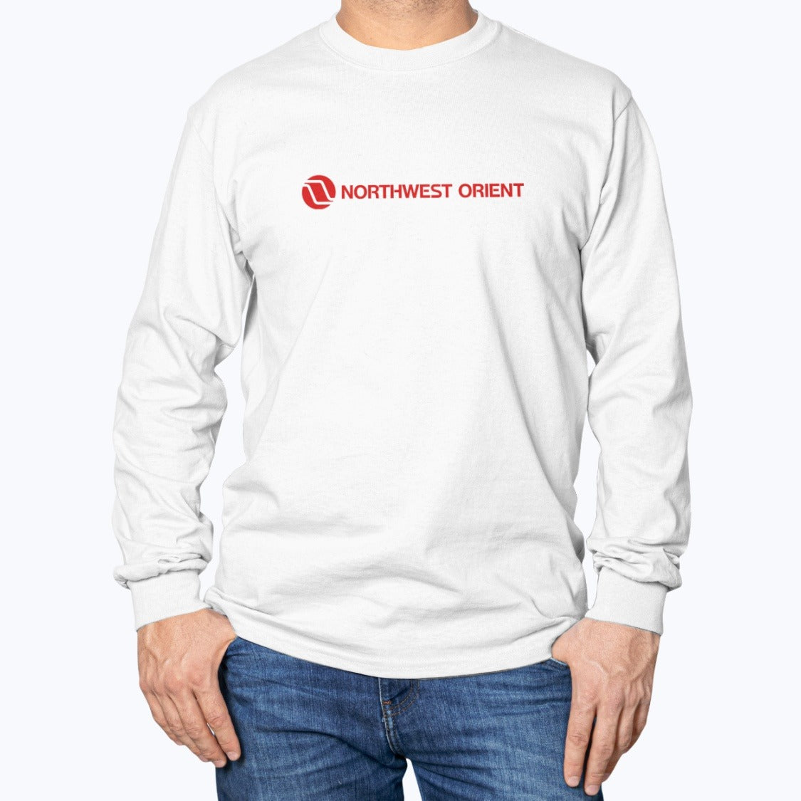 Northwest Orient Airlines Unisex Long Sleeve T-Shirt - White - Model