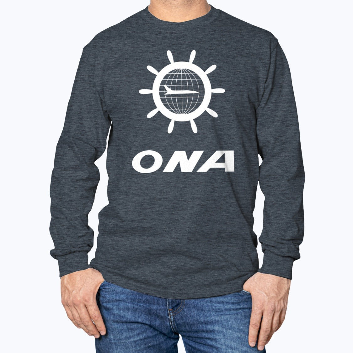 Overseas National Airways ONA Unisex Long Sleeve T-Shirt - Dark Heather - Model