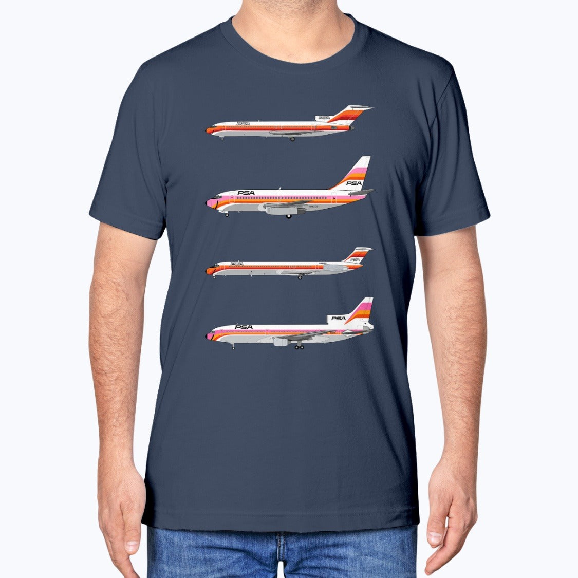 PSA Pacific Southwest Airlines B727, B737, MD-82, L-1011 Unisex T-Shirt - Navy - Model
