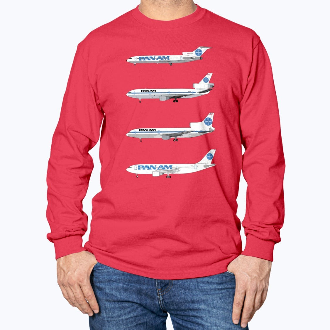 Pan Am B727, DC-10, L-1011, A300 Unisex Long Sleeve T-Shirt - Red - Model