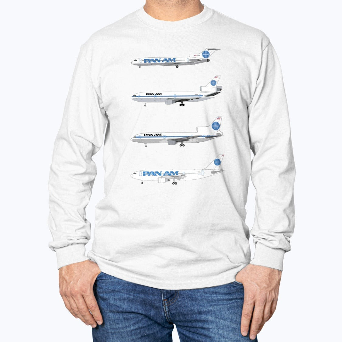 Pan Am B727, DC-10, L-1011, A300 Unisex Long Sleeve T-Shirt - White - Model
