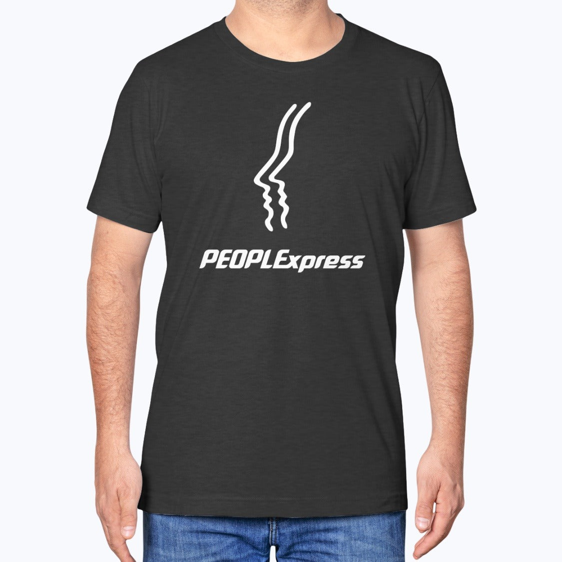People Express Airlines Unisex T-Shirt - Black Heather - Model