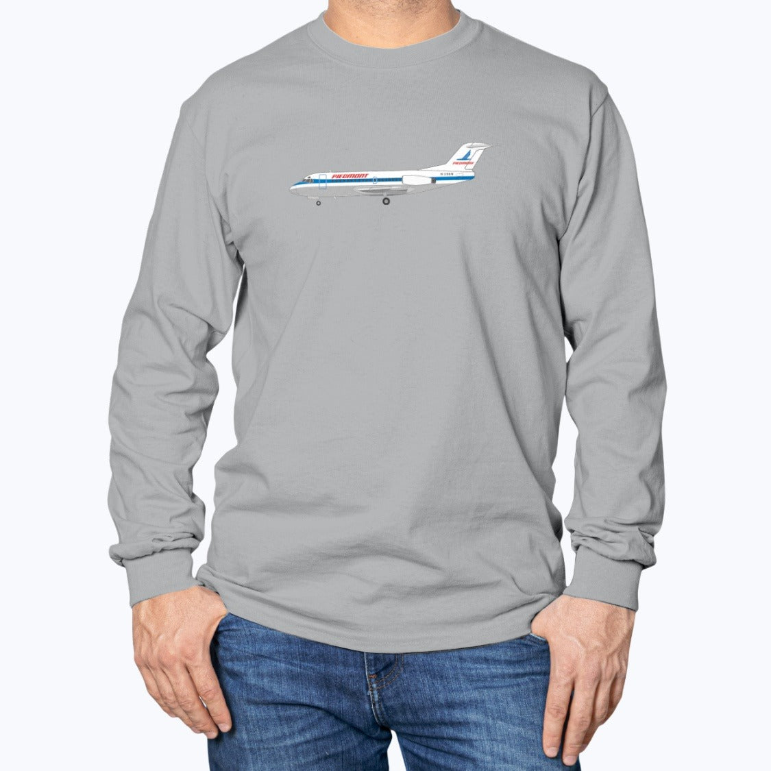 Piedmont Airlines F28 Unisex Long Sleeve T-Shirt - Sport Grey - Model