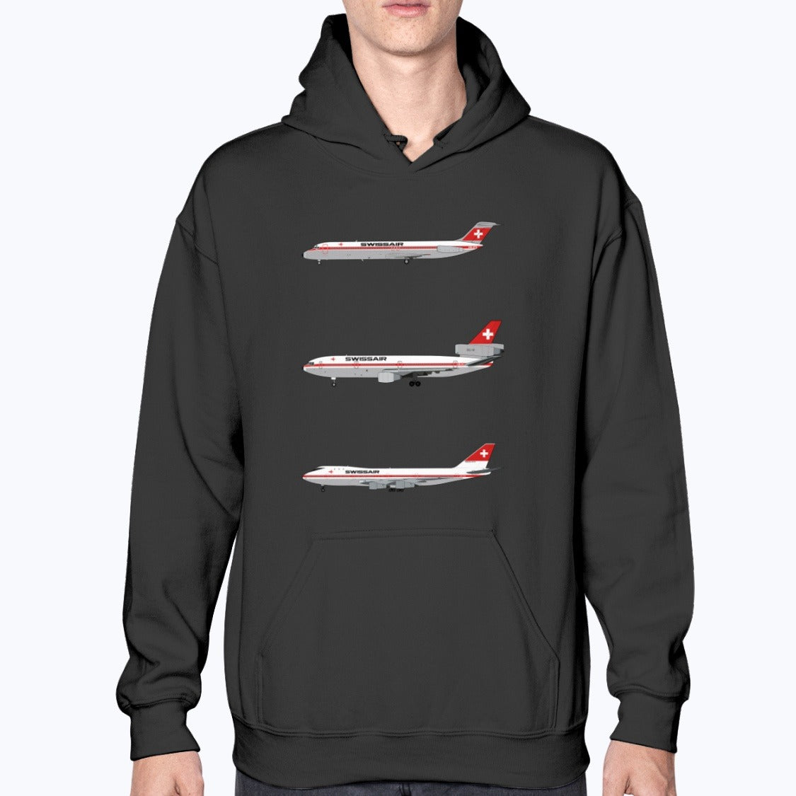 Swissair DC-9-32, DC-10, B747-200 Unisex Hoodie - Black - Model