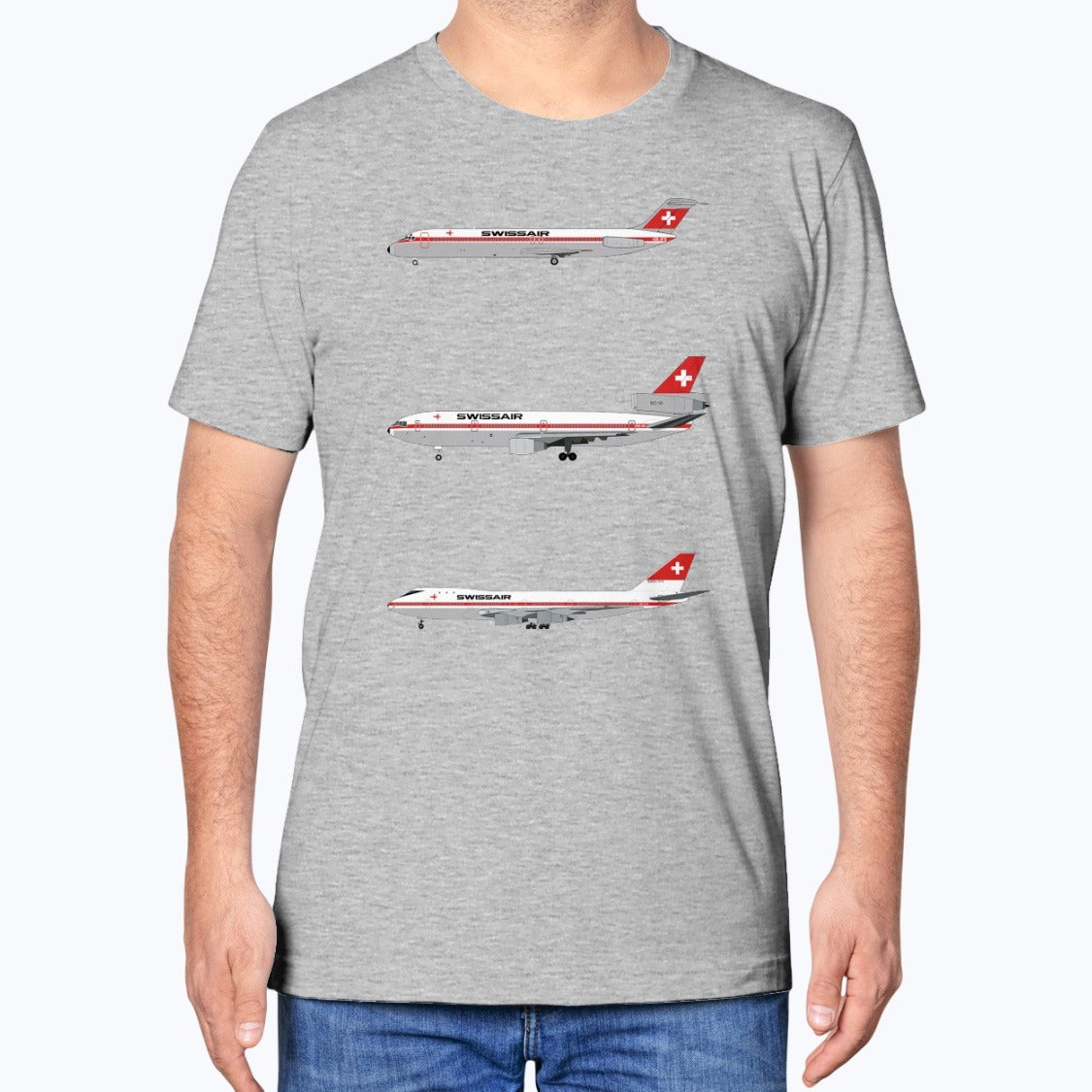 Swissair DC-9-32, DC-10, B747-200 Unisex T-Shirt - Athletic Heather - Model