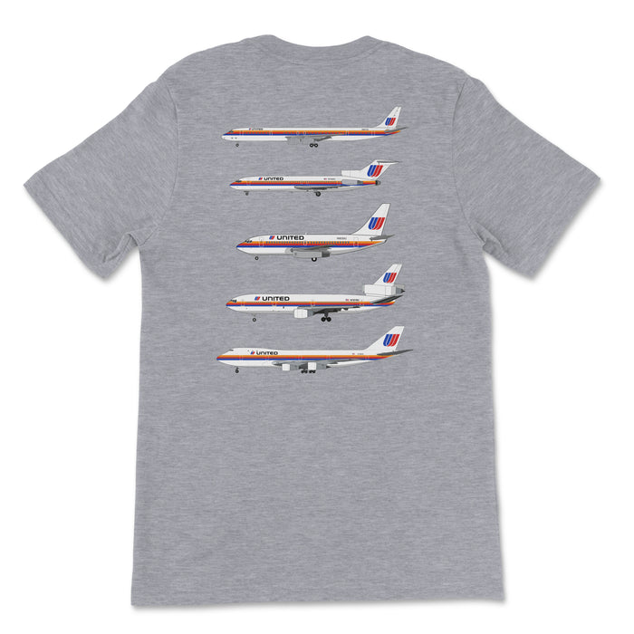 United Airlines DC-8, B727, B737, DC-10, B747 Unisex T-Shirt Printed On The Back - Athletic Heather