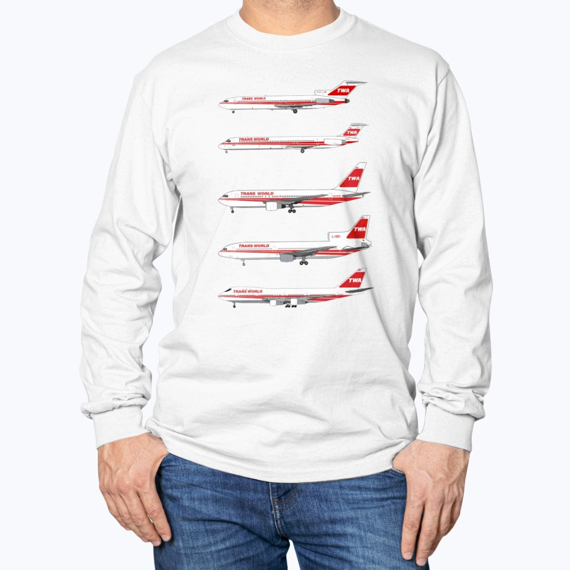 TWA B727, MD-80, B767, L-1011, B747-100 Unisex Long Sleeve T-Shirt - White - Model