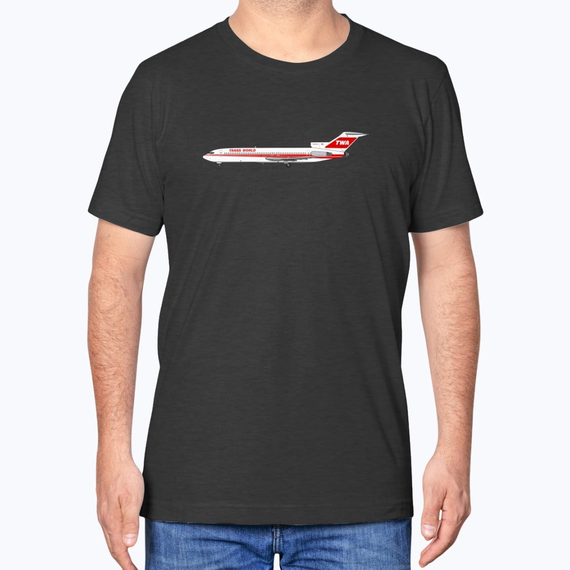 Trans World Airlines B727 Unisex T-Shirt - Black Heather - Model
