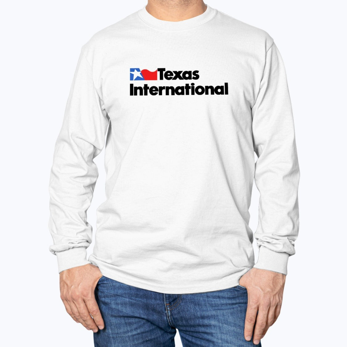 Texas International Airlines Unisex Long Sleeve T-Shirt - White - Model
