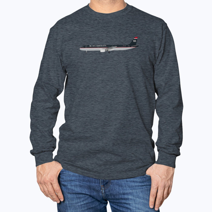 US Airways Airbus A321 Unisex Long Sleeve T-Shirt - Dark Heather - Model