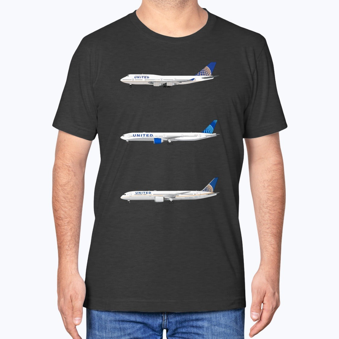 United Airlines B747-400, Boeing B777-300ER, B787 Unisex T-Shirt - Black Heather - Model