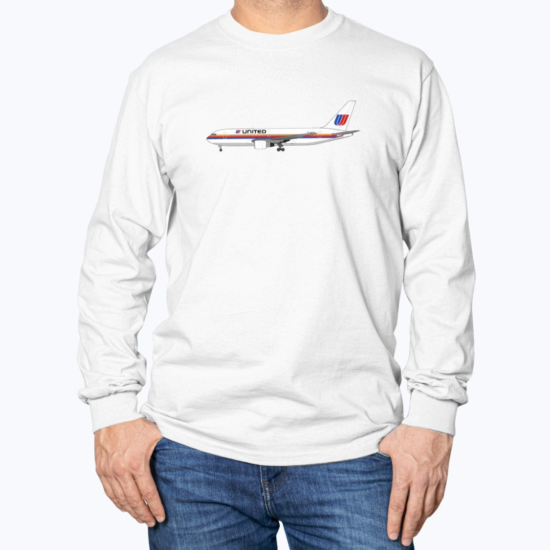 United Airlines B767-200 Unisex Long Sleeve T-Shirt - White - Model