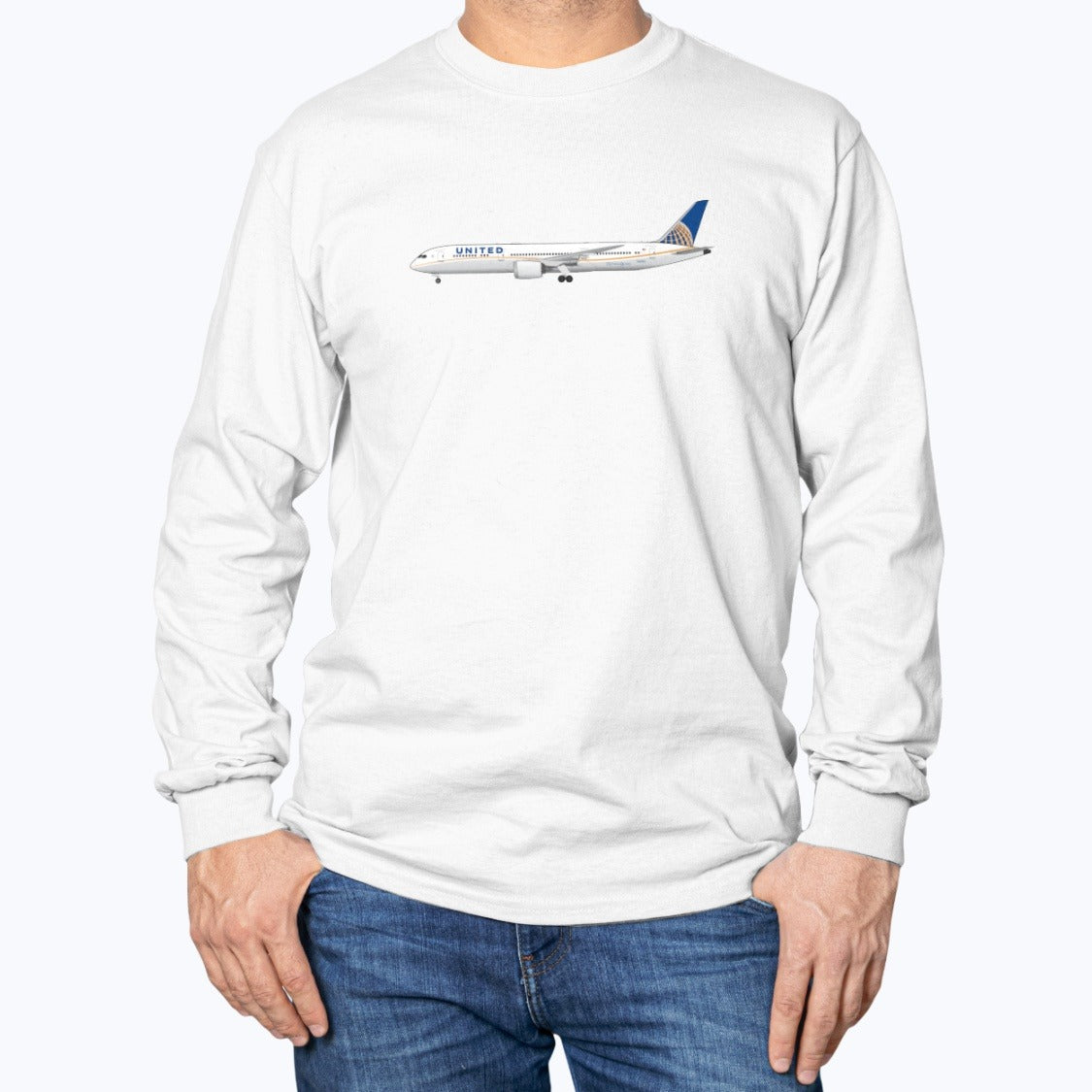 United Airlines B787 Unisex Long Sleeve T-Shirt - White - Model