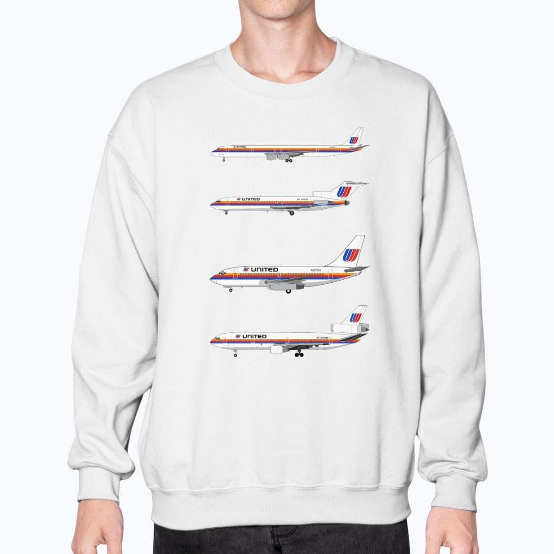 United Airlines DC-8, B727, B737-200, DC-10 Unisex Sweatshirt - White - Model