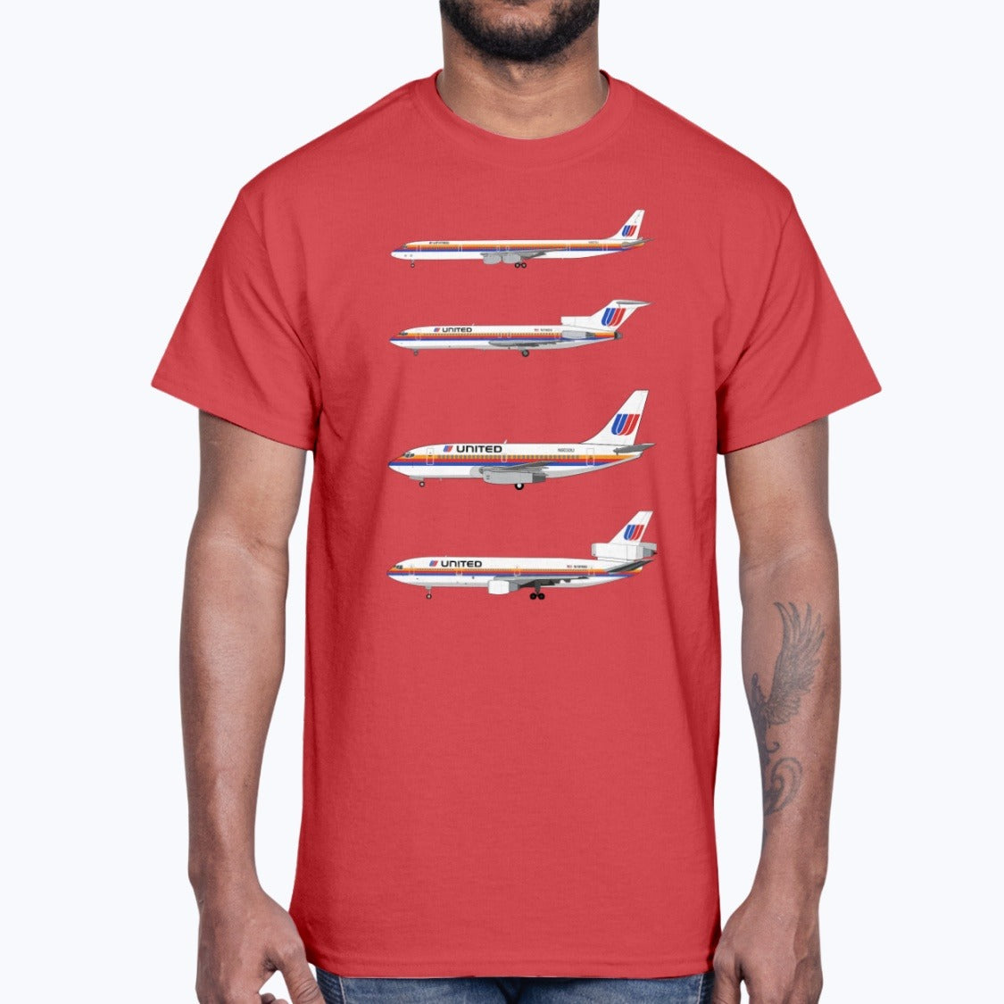 United Airlines DC-8, B727, B737-200, DC-10 Unisex T-Shirt - Red - Model