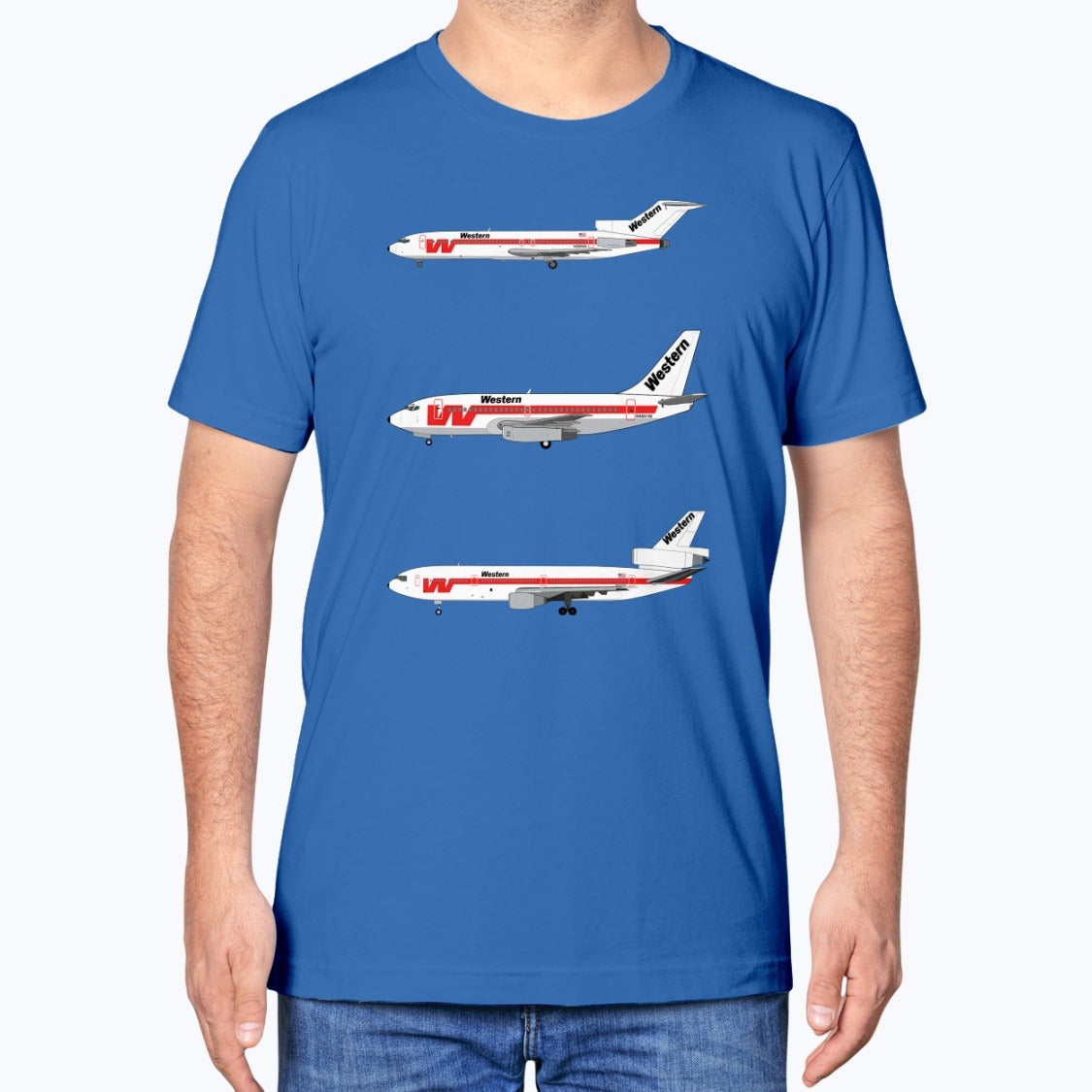 Western Airlines B727, B737, DC-10 Unisex T-Shirt - True Royal - Model