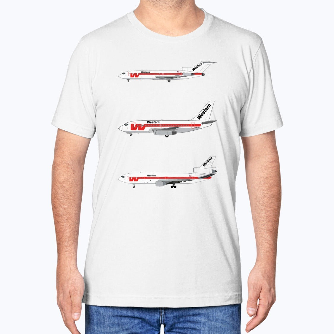 Western Airlines B727, B737, DC-10 Unisex T-Shirt - White - Model
