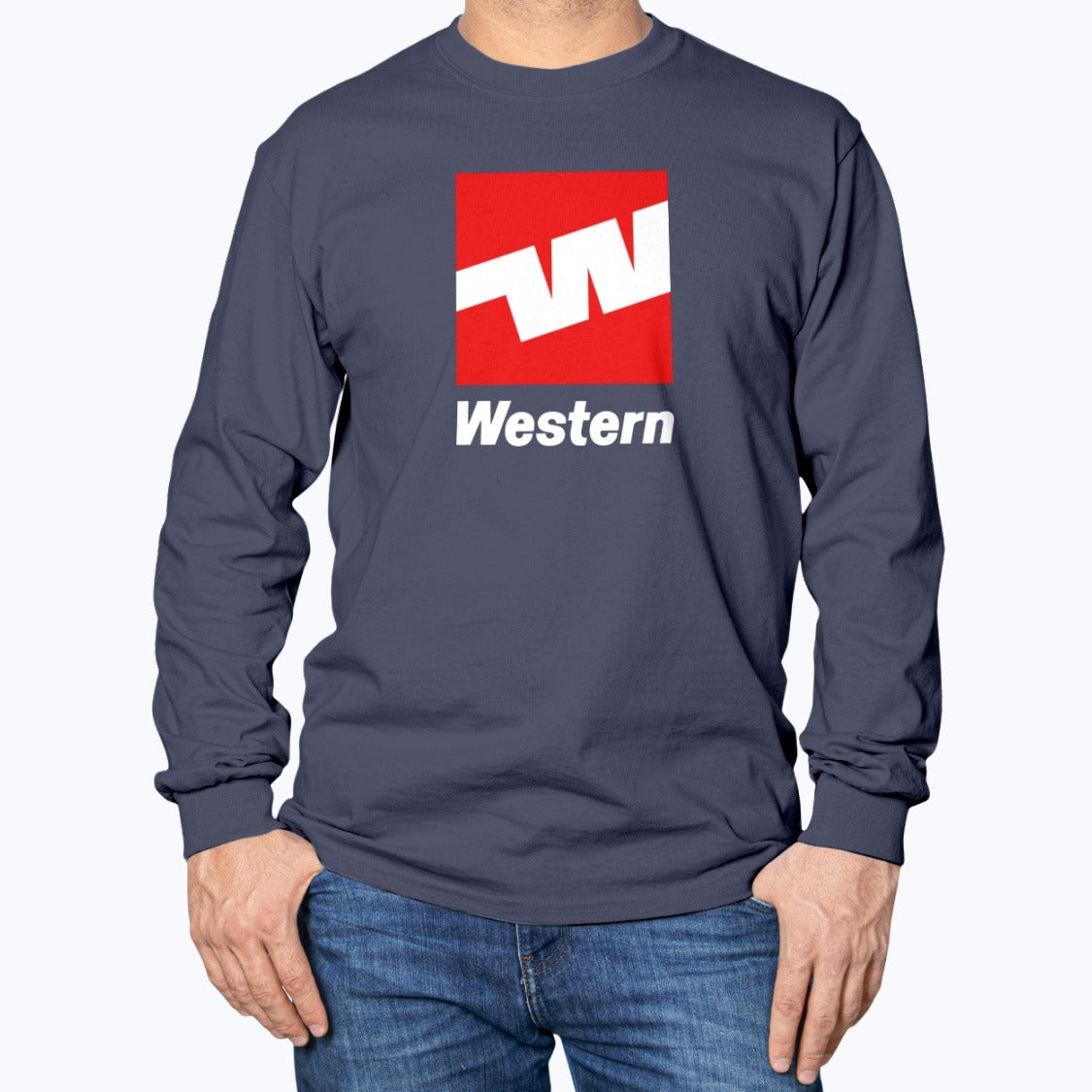 Western Airlines Unisex Long Sleeve T-Shirt - Navy - Model
