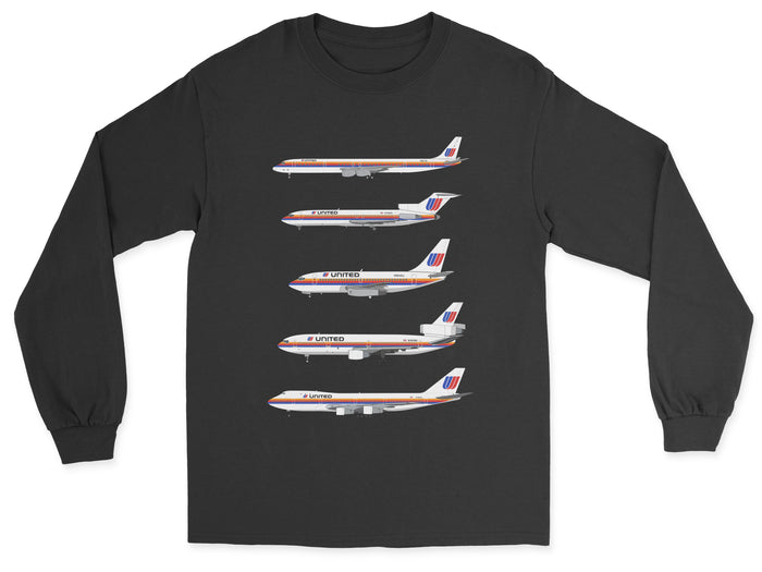 United Airlines DC-8, B727, B737, DC-10, B747 Unisex Long Sleeve T-Shirt - Black