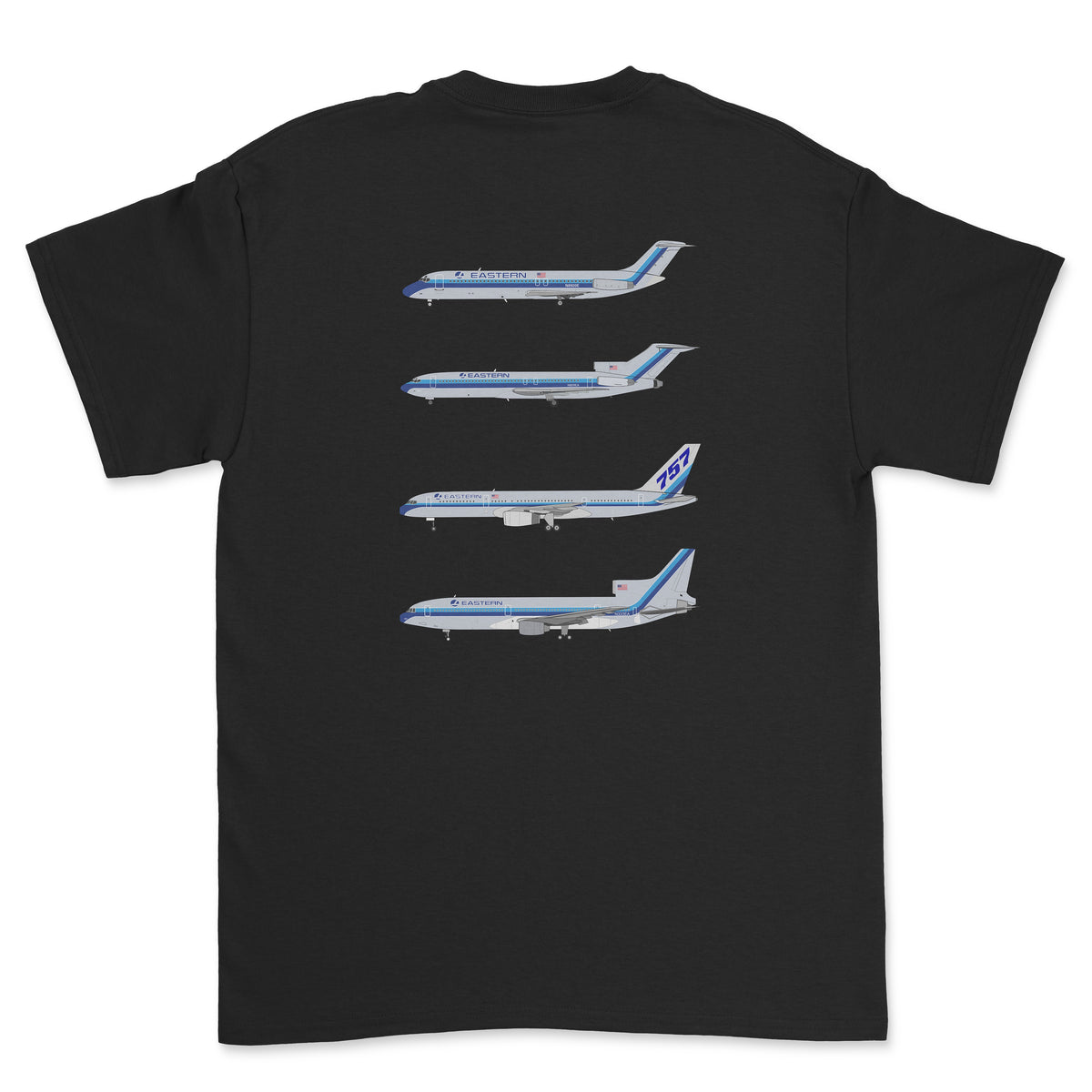 Eastern Airlines DC-9, B727, B757, L-1011 Unisex T-Shirt (Printed on The Back) - Black